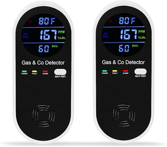 2 Packs Combination Natural Gas & Carbon Monoxide Detector,Koabbit 4-in-1 Explosive Gas & Carbon Monoxide Alarm with Temperature(°F) & Humidity for Home,RV,Hotel,Apartment