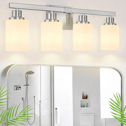 DIKAIDA Bathroom Vanity Light, 4-Light Nickel Modern Bathroom Light Fixtures with Milky White Glass Shade, Wall Lights,Bath Vintage Wall Mounted Lamps for Mirror Bedroom Living Room Hallway Cabinet