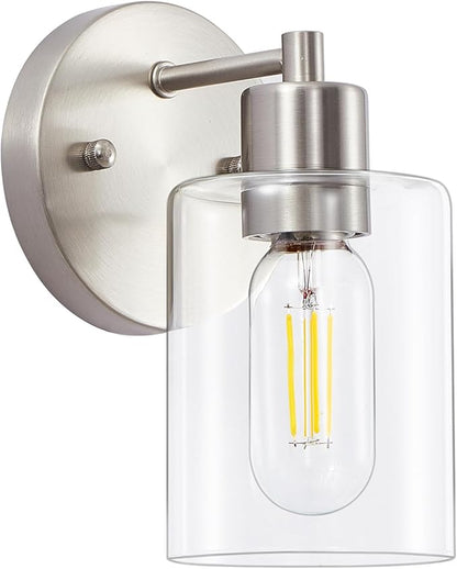 1-Light Bathroom Wall Sconce, Brushed Nickel Vanity Light, Modern Wall Light Fixture with Clear Glass Shade and Moisture and Rust Prevention, Wall Mount Light Fixtures for Mirror, Bedroom, Hallway
