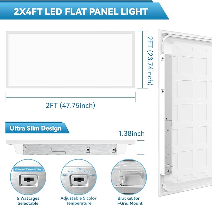 Msbfi 2x4 LED Flat Panel Lights Drop Ceiling Light Fixture 5000K 4000K 3000K Selectable 0-10v Dimmable, 30-40-50W 24x48 LED Light Fixture 100-277V for Office Ceiling Lighting Fixture ETL/DLC 4 Pack