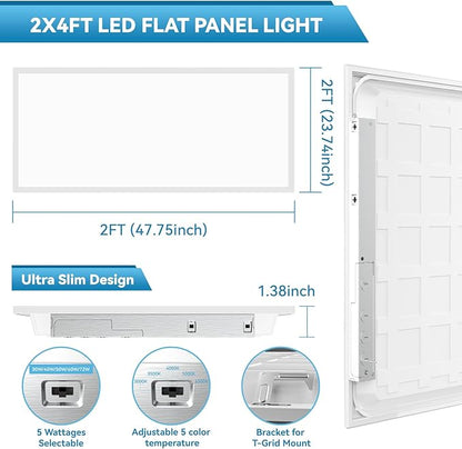 Msbfi 2x4 LED Flat Panel Lights Drop Ceiling Light Fixture 5000K 4000K 3000K Selectable 0-10v Dimmable, 30-40-50W 24x48 LED Light Fixture 100-277V for Office Ceiling Lighting Fixture ETL/DLC 12 Pack