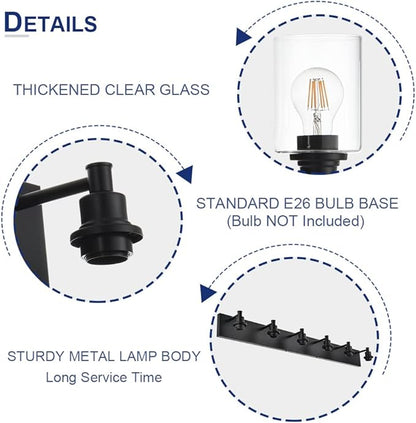 TODOLUZ Industrial Wall Sconce Lighting in Matte Black Finish, 3-Light Bathroom Vanity Light Fixtures with Clear Glass Shades (E26 Bulb Base)