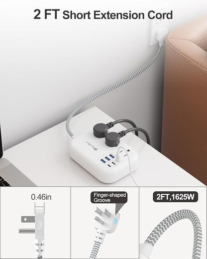 Beeiker Short Extension Cord 2 Foot- 6 USB(3 USB C) Travel Power Strip with 24W USB Charging Station and 3 Outlets, 2ft Small Flat Plug Extension Cord Surge Protector for Travel Home College Dorm 13A
