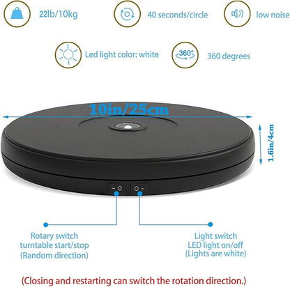 YVV 10'' LED Rotating Display Stand, 360° Motorized Turntable with Lights, 22lbs Capacity Electric Spinner Base for Product Photography, Jewelry, Exhibitions – USB Powered (Black)