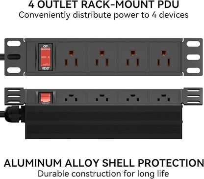 10" Rack PDU- 1U (4Outlets) 10-inch Mini Rack Power Distribution Unit with Protection (125V/15A 6ft Cable), Network Cabinet Rack Mount Power Strip (Wall, Desktop, or Server Rack Mountable)