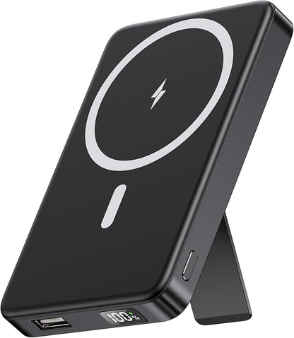 YUJE for Magsafe Battery Pack Magnetic Power Bank 10000mAh, Wireless Portable Charger with Foldable Stand Dual USB-C & USB-A Port Fast Charging Compatible with iPhone 16/15/14/13/12 Pro/Max/Plus