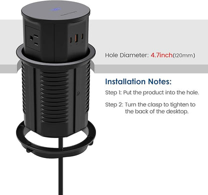 Pop up Outlet for Countertop with 15W Wireless Charger,65W USB C Charging Station,4 Outlets,2 USB C,USB A,Tamper Resistant Receptacle,4.7'' Hole Power Grommet,Office Power Supply,Black