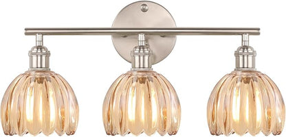Shenmoyl Bathroom Light Fixtures, 3-Light Vanity Wall Light Over Mirror with Amber Tulip Glass Shade for Bedroom Living Room (Bulb Not Included), Satin Nickel