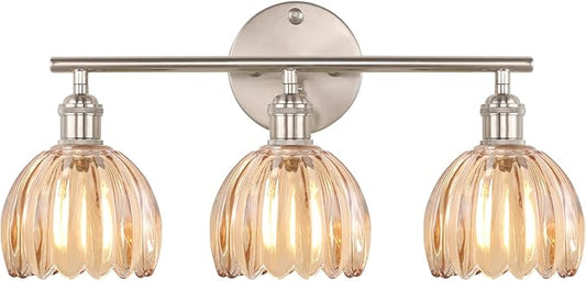Shenmoyl Bathroom Light Fixtures, 3-Light Vanity Wall Light Over Mirror with Amber Tulip Glass Shade for Bedroom Living Room (Bulb Not Included), Satin Nickel