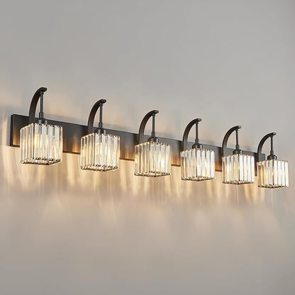 FDPBY Crystal Vanity Lights 6-Light Black Bathroom Vanity Lights Modern Crystal Bathroom Light Fixtures Over Mirror 51.18" Long Vanity Light for Bathroom