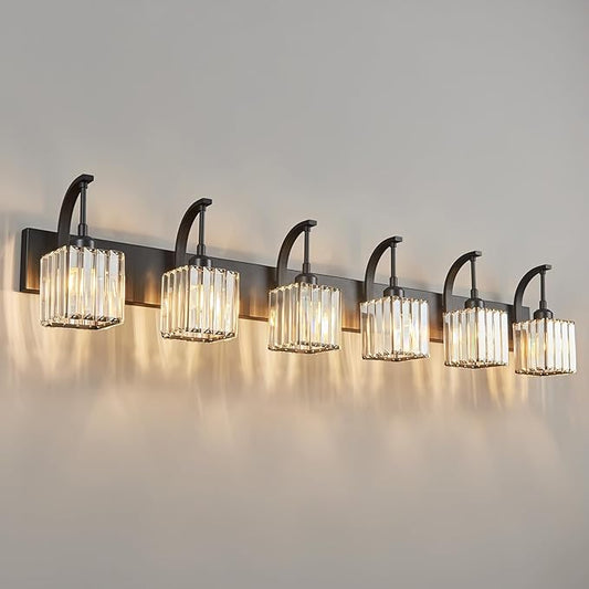 FDPBY Crystal Vanity Lights 6-Light Black Bathroom Vanity Lights Modern Crystal Bathroom Light Fixtures Over Mirror 51.18" Long Vanity Light for Bathroom
