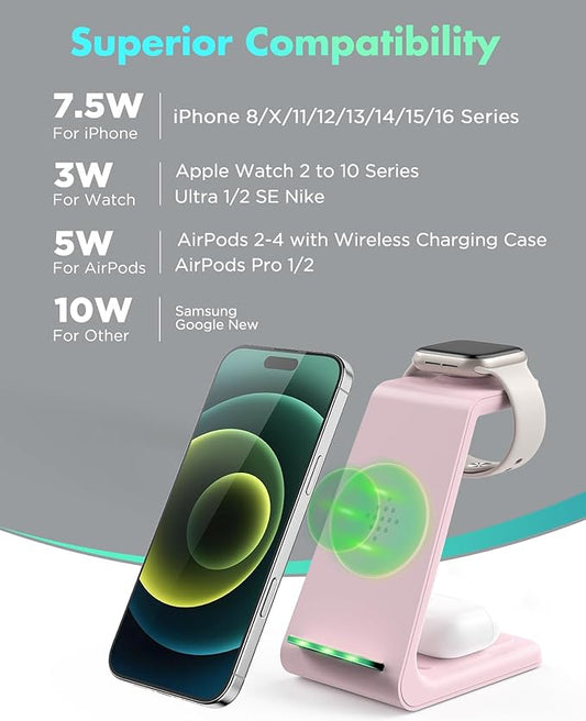 3 in 1 Wireless Charging Station, 2026 Upgraded Fast Desk Charger Station for iPhone 17 16 15 14 13 12 Pro Max Plus, Charger Stand for Apple Watch 10 9 8 7 6 5 4 3 2 SE, Airpods 4 3 2 Pro(Pink)
