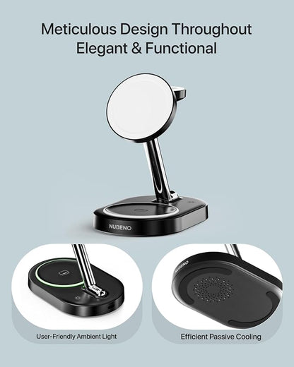 Nubeno Fast Charging Station for Magsafe Apple Devices, Wireless Charger Station for MagSafe iPhones, 3 in 1 Magnetic Charger Stand for iPhone 15/14/13/12, Apple Watch & AirPods(Blk)