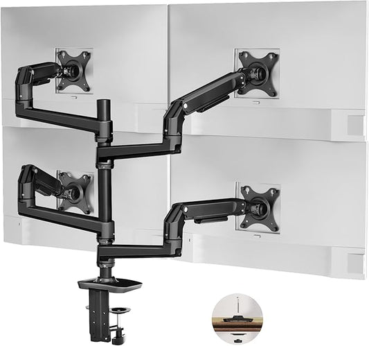 Ergounion Quad Monitor Mount, Holds Screens up to 40 Inches and 25 lbs, Fully Adjustable 4 Monitor Stand with C-Clamp and Grommet Base, Aluminum, Black