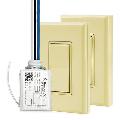 RunLessWire 3-Way Battery-Free DIY Wireless Light Switch Kit 150ft RF Range Self-Powered by Kinetic Energy for Hallways & Stairways: 2 Remote Switches Control 1 5A On/Off Receiver – Ivory