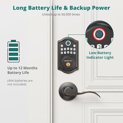 AkaGear DS10 Keyless Entry Door Lock with Handle - 2 Lever Handles, Fingerprint Door Lock, Keypad Deadbolt, 2 Keys, Code, Smart Locks for Front Door, Auto-Lock, Easy Installation - Oil Rubbed Bronze