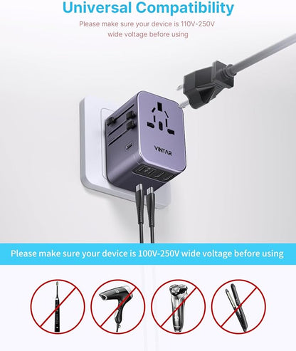Universal Travel Adapter, VINTAR International Power Adapter with 6A 3 USB C and 2 USB Ports, All in One Travel Essentials Plug Adapter, Worldwide Outlet Converter for Europe UK USA AUS(Type C/G/A/I)