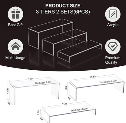 Blaithom Acrylic Display Riser Stand,6Pcs 12'' Length Tier Display Stands, Thickened to 0.2''(5mm) Acrylic Shelf Risers for Perfume Display,Risers for Buffet Table,Cupcake Stand,Pop Figurines,Tumbler,Food