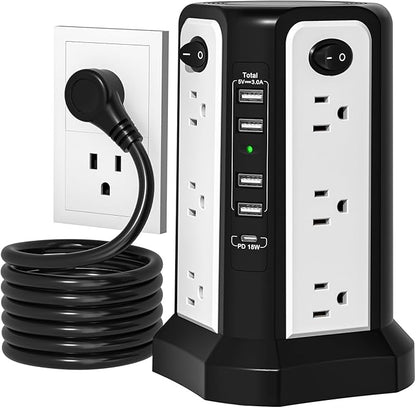 Surge Protector Power Strip Tower with PD18W USB C Port, PASSUS Charging Tower with 5 USB, 10FT Extension Cord with 12 AC Multiple Outlets, Overload Protection for Home Office Dorm Room