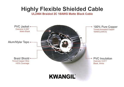 KWANGIL 2C 18AWG AMSB Shielded Cable Wire (UL2464) - Highly Flexible Str TC, PVC Ins, OS+TC BRD, PVC JKT for CNC Machine, Stepper Motor, VFD Spindle (Matte Black 50FT)