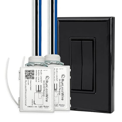 RunLessWire Fan & Light Battery-Free DIY Wireless Light Switch Kit 150ftRF Range Kinetic for Bathrooms & Ceiling Fans: 1 Dual Remote Switch Controls 2 5A On/Off Receivers Separately – Black