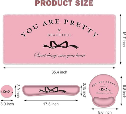 Gaming Mouse Pad, Large Desk Mat, Cute Desk Pad Protector, 4in1 XXL Mousepad + Keyboard Wrist Rest+Mouse Wrist Rest+Coaster Set with Ergonomic Desk Pad for Home Office Table Computer, Pink Pretty Bow