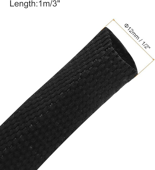 MECCANIXITY Braided Cable Sleeves Heat Shrinkable Fabric Sleeving, 1/2" 3ft Black 2:1 Ratio Heat Shrinkable Cord Protector for Harness Cable, Network Cable Protection, Cable Management