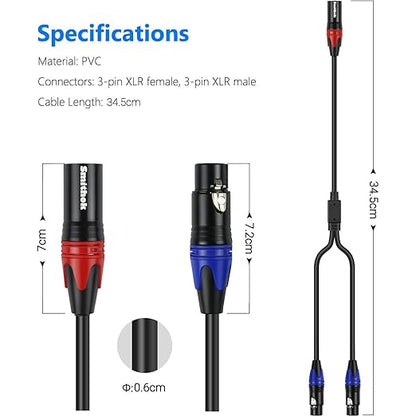 Smithok 2Pack XLR Y Splitter 1 Male to 2 Female Micrphone Cable, 3 Pin XLR 2 Female to 1 Male, Combiner Y Cord Balanced Mic Audio Cables for Stero Mic to L&R Audio Track(11.8 inches/0.3m)