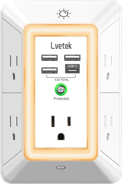 Multi Plug Outlet Surge Protector - Lvetek 3-Sided Power Strip with 5 Outlet Extender and 4 USB Ports(1 USB-C) and Night Light, USB Wall Charger for Home, Office, Travel, ETL Listed, White