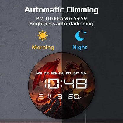 Timethink 12'' Red Fire Dragon Digital Wall Clock LED Display, Fantasy Medieval Gothic Decor Electric Wall Clock with Temperature, 12/24hr, Date, Auto-Brightness, USB Powered for Bedroom Living Room