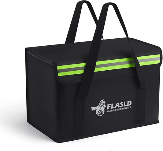 FLASLD Large Fireproof Lipo Bag for 100Ah Lithium Battery Storage and Charging, 14 x 7.8 x 9.5in Waterproof Box for Documents and Valuables