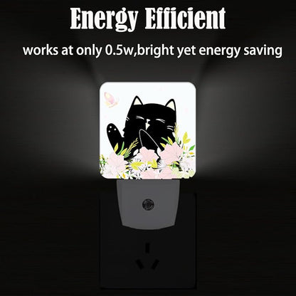 FSHVQKD Black Cat and Flowers Night Light,Plug Into Wall for Boys Girls Bedroom Decorative Square Night Light Lamp 0.5w Sleep Friendly