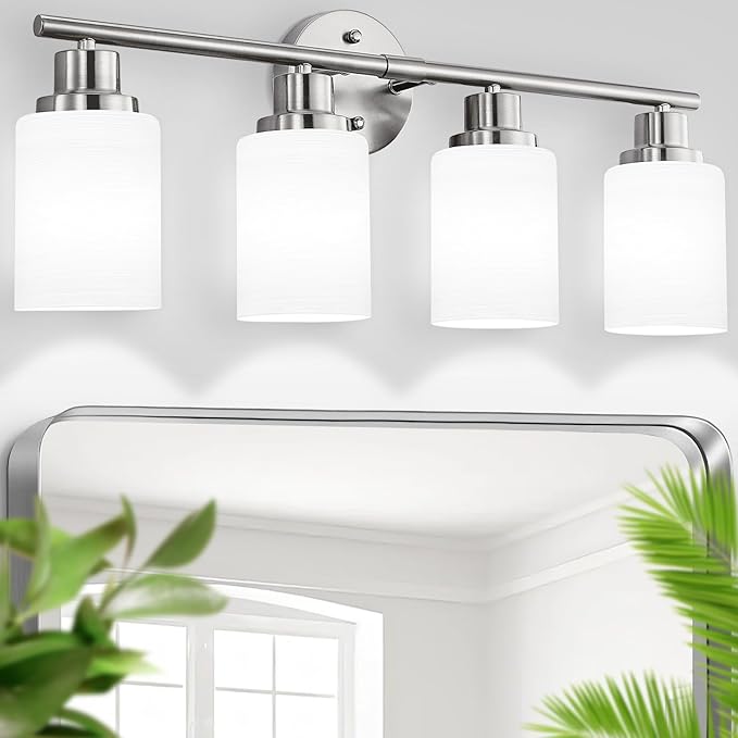 Guliaofo 4-Light Brushed Nickel Vanity Lights for Mirror, Bathroom Light Fixtures with Textured Milky White Glass Shade, Modern Kitchen Light Fixtures Wall Sconce Light - E26 Base