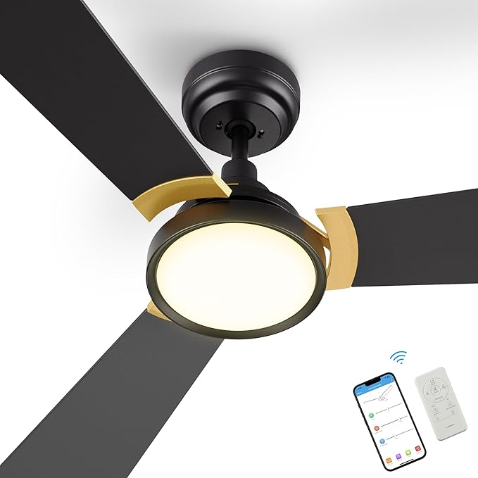 SMAAIR 52 Inch Smart Wifi Ceiling Fans with Dimmable LED Lights and Remote, Compatible with Alexa/Google Home/Siri/APP, Outdoor DC Fans with 10 Speeds, Timer/Schedule,Black/Gold