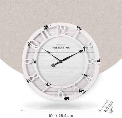 Presentime & Co 10" Farmhouse Series Wall Clock, Shiplap Style, Raised 3D Arabic Numeral, Antique Distressed White