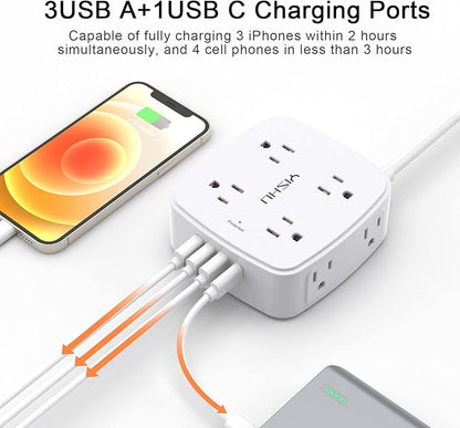 10 Ft Surge Protector Power Strip - YISHU 3 Side Outlet Extender with 8 Widely AC Outlets and 4 USB Ports, 10 Feet Extension Cord with Flat Plug, Wall Mount Desk USB Charging Station, ETL,White