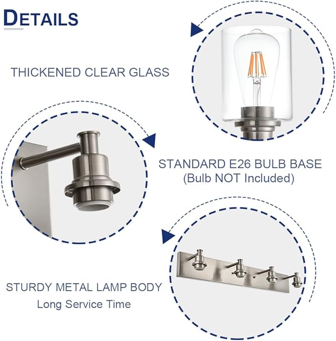 TODOLUZ Bathroom Vanity Light Fixtures, 4-Lights Modern Brushed Nickel Wall Mounted Lamp with Clear Glass Shade for Bedroom Over Mirror