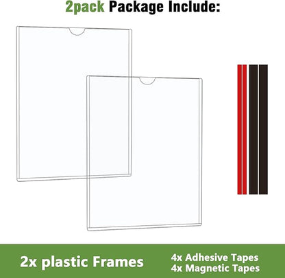 Mutualsign 2 Pcs Wall Sign Holder 8.5"x11" Magnetic Sign Holder, Rigid Print Protectors with Magnet Strips and Adhesive Strips, Wall Mount Plastic Paper Holder for Office Store Home Window Display (Clear)