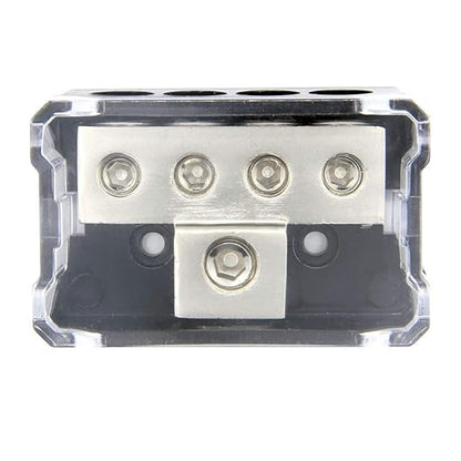 RKURCK 4 Way Power Distribution Block, 0/2/4 AWG Gauge in, 4/8/10 Gauge Out, Car Audio Stereo Amp Distribution Connecting Block for Audio Splitter (1 in 4 Out)