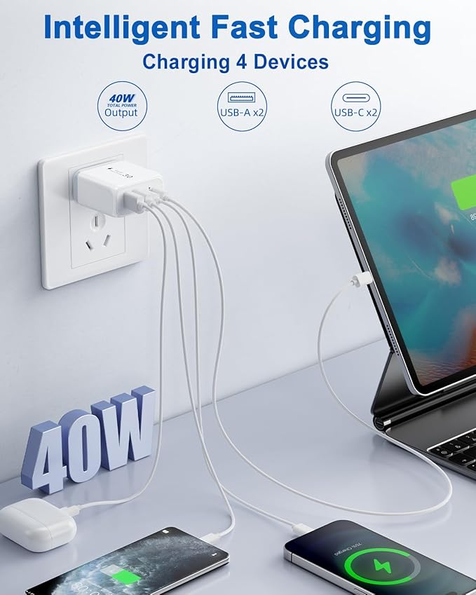 40W USB C Charger Block, 3 Pack 4-Ports Type C Fast Charging Cubes PD USBC Wall Plug+QC 3.0 USB A, Multiple USB C Charger for iPhone 16/15/14/13/12/11 Pro Max/XS, Samsung Galaxy, iPad, Tablet, Pixel
