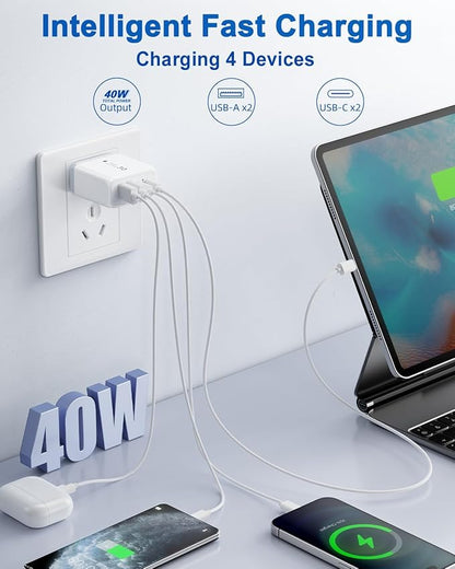 40W USB C Charger Block, 2 Pack 4-Ports Type C Fast Charging Cubes PD USBC Wall Plug+QC 3.0 USB A, Multiple USB C Charger for iPhone 16/15/14/13/12/11 Pro Max/XS, Samsung Galaxy, iPad, Tablet, Pixel