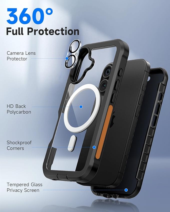 seacosmo for iPhone 16 Case, Full Body Bumper with Built-in 9H Tempered Glass Privacy Screen Protector and Camera Lens Protector, Compatible with MagSafe, Shockproof Phone Cover, 6.1", Black