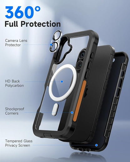 seacosmo for iPhone 16 Case, Full Body Bumper with Built-in 9H Tempered Glass Privacy Screen Protector and Camera Lens Protector, Compatible with MagSafe, Shockproof Phone Cover, 6.1", Black