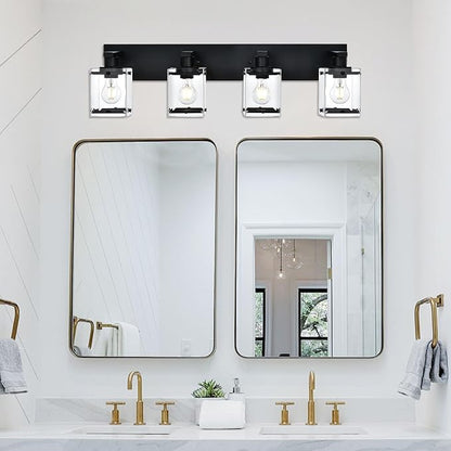 WINSHEN 4-Light Bathroom Vanity Light Fixture, Modern Black Wall Lighting Over Mirror with Rectangular Clear Glass, E26 Bulb Base