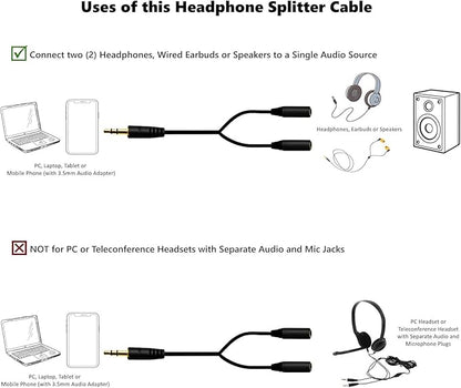 2-pack 3.5mm Audio Headphone Splitter – Dual Listening and Speaker Jack Y Adapter for Sharing Music or Videos – Compatible with iPhone, iPad, Laptops, Tablets, and Other Devices with AUX Port