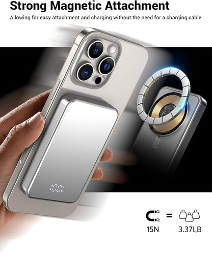 POAQCIF for Magsafe Portable Charger, Aluminum Alloy Small 10000mAh 20W PD Magnetic Power Bank, USB-C in&Out Wireless Battery Pack Phone Charger for iPhone 16/15/14/13/12 Plus Pro Max Series -Silvery