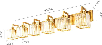 FDPBY Modern Crystal Bathroom Vanity Light - 6-Lights Gold Brushed Brass Finish Wall Lamp
