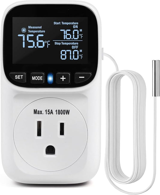 ZILLSEA Digital Temperature Controller, Heating & Cooling Thermostat Plug Outlet, –40°F~210°F, 15A 1800W, LCD Display, Temperature Controlled Outlet for Home, Greenhouse, Chicken Coop, Reptile
