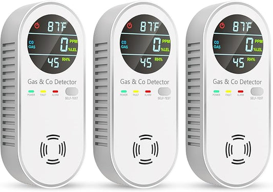Vilfet Carbon Monoxide Detectors & Natural Gas Detector, 4-in-1 Carbon Monoxide Detectors Plug in, Gas Leak Detector with Dual Alarms, Temperature & Humidity Sensor for Home, RV, White, 3 Packs