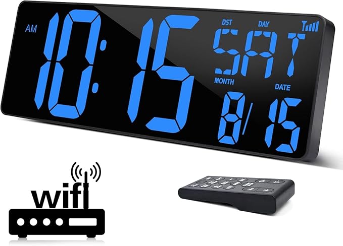 XREXS Large Digital Wall Clock WiFi Sync, 16.5 in Large Display Wall Clock with Temperature/Date/Week, LED Big Digital Timer Clock with Remote Control, Alarm Clock for Home and Office, Auto-dimming